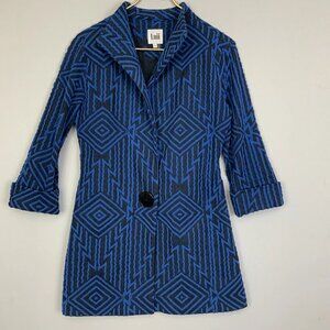Luii Sz Small Mid Length Blue Black Textured Geometric Print Big Button Jacket